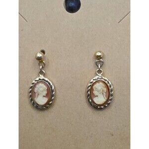 Vintage Dainty Cameo Dangle Earrings Gold Tone Pierced